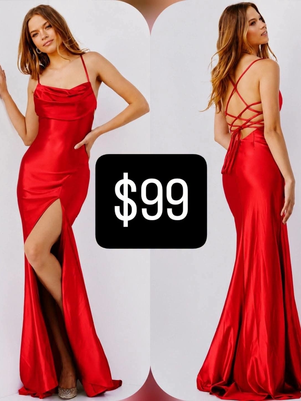 Jovani Red Satin Cowl Neck Prom Gown with Lace-Up Back